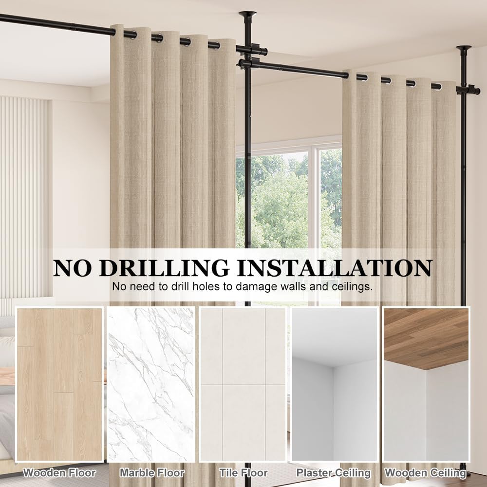 KELIXU Room Divider Curtain Rod, No Drilling Tension Rods for Room Separation, 28-144 inch W x 4-10 ft H Floor to Ceiling Wall Dividers Heavy Duty Vertical Tension Stand, Easy to Install, Black