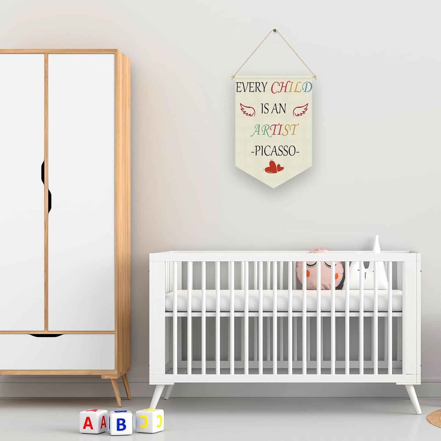 Every Child Is an Artist Quote Wall Hanging Banner Nursery Wall Decor Hanging Pennant Flag Banner Inspirational Quote Decor for Kids Room Nursery Classroom Playroom Bedroom Linen Cotton Flag