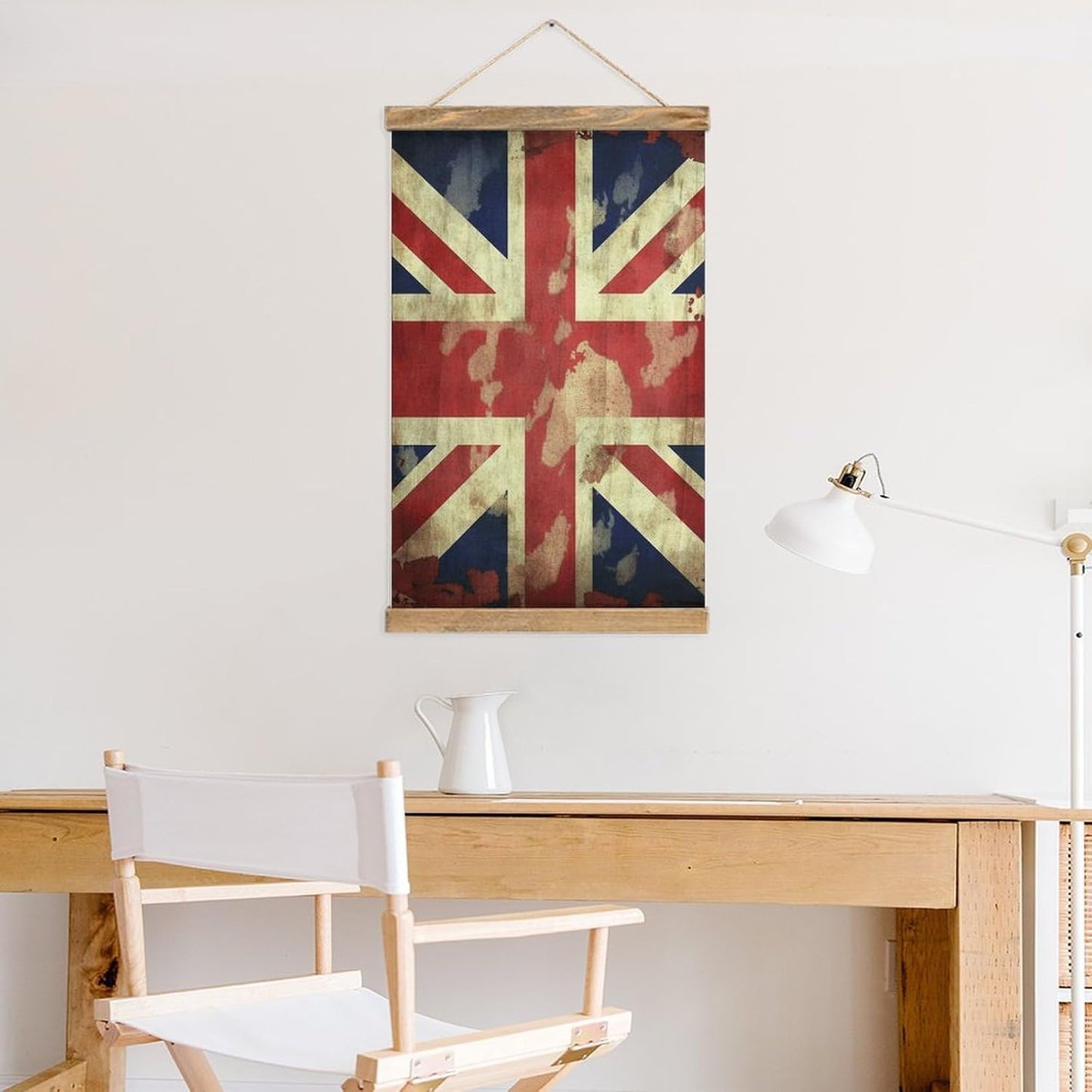 Vintage Vintage Union Jack British Flag Poster with Wooden Frame Personalized Linen Hanging Scroll Painting Rustic Wall Hanging Illustrative Modern Artwork Decor for Home Living Room Bedroom Office