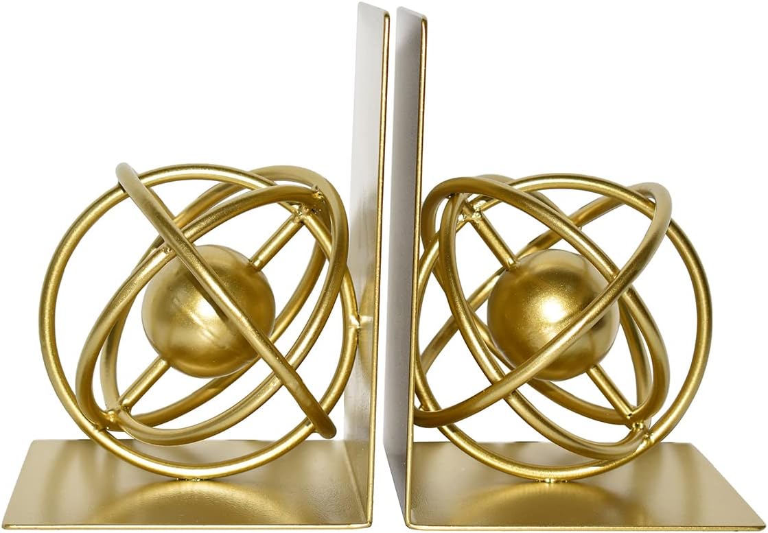 Book Ends Decorative, Modern Metal Unique Gold Bookends for Shelves, Round Design Bookend Book Stopper Holder for Home Office