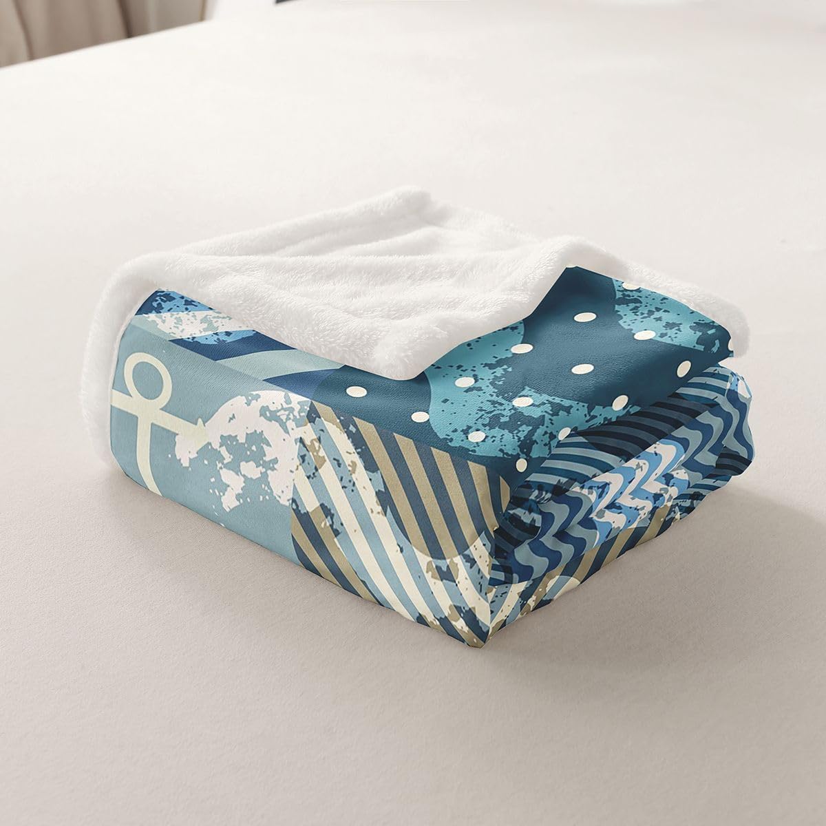 Ocean Nautical Soft Cozy Fleece Blankets Geometric Grid Stripes Fleece Flannel Throws Anchor Rudder Sea Wave Throw Blankets Buffalo Lattice Polka Dot for Sofa Bed Couch,Throw 50x60 Inch
