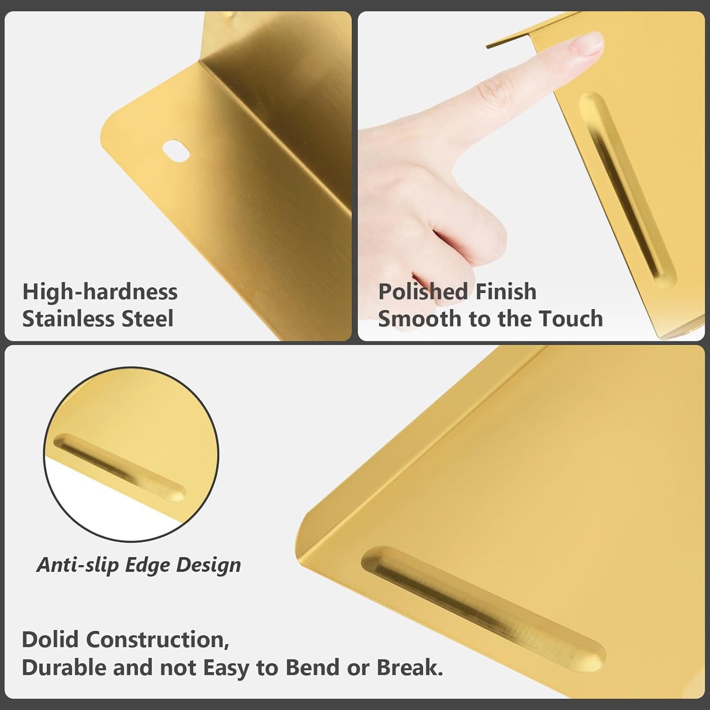 SMILECAT 7inch Small Floating Book Shelves for Wall Storage Set of 2.Wall Mounted Command Shelf for Bathroom,Bedroom,Living Room, Mini Tiny Display Hanging Shelves for Storage/Perfume/Room Decor.Gold