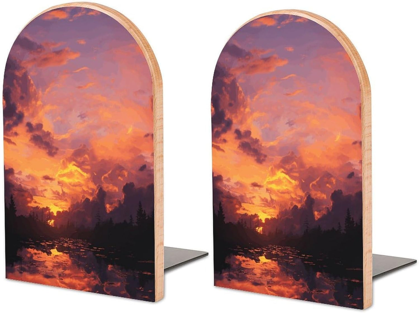 Sunset at Dusk Bookend for Shelves Wooden Book End Large Size Sturdy Book Holders Stoppers with Metal Base for Bookshelves Slick Decorative Bookends Stands