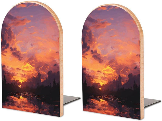 Sunset at Dusk Bookend for Shelves Wooden Book End Large Size Sturdy Book Holders Stoppers with Metal Base for Bookshelves Slick Decorative Bookends Stands