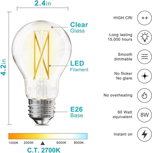 dalattin 24 Pack A19 Vintage LED Edison Bulbs, Dimmable, 60W Equivalent, High Brightness 2700K Soft White, 8W E26 Standard Base, 800 Lumens, CRI80+, Clear Glass Filament Bulb for Home