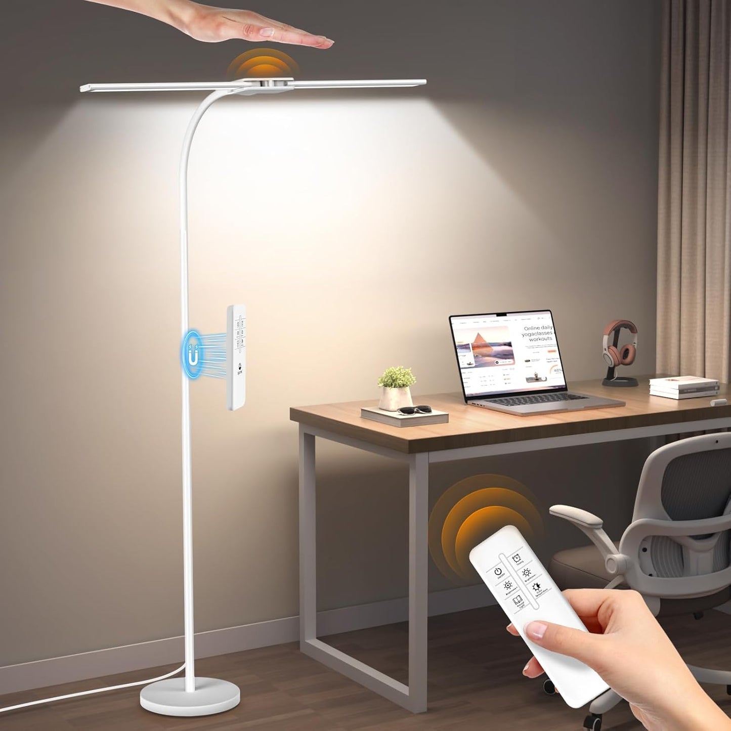 Syrinx LED Floor Lamp, Double Head Gooseneck Floor Lamps for Living Room with Gesture Switch & Remote Control, 14W Bright Tall Standing Lamp Modern Eye-Caring Reading Floor Lamp for Bedroom Office