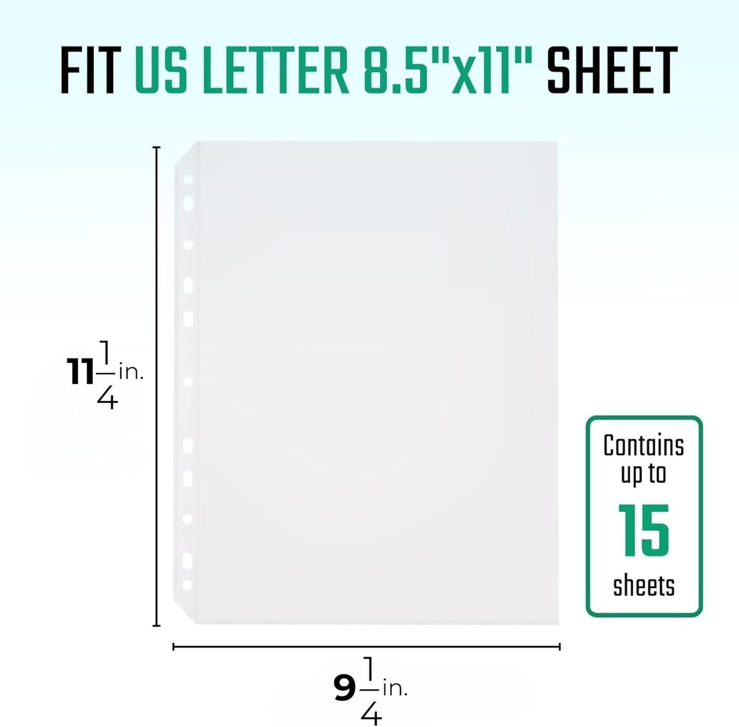 100 Pack, Heavy Duty Sheet Protectors 8.5 x 11, Clear Finish, Top Loading 9.25 x 11.25 inch, Clear Page Protectors, Plastic Sleeves Reinforced 11-Hole Fit for 3 Ring Binder