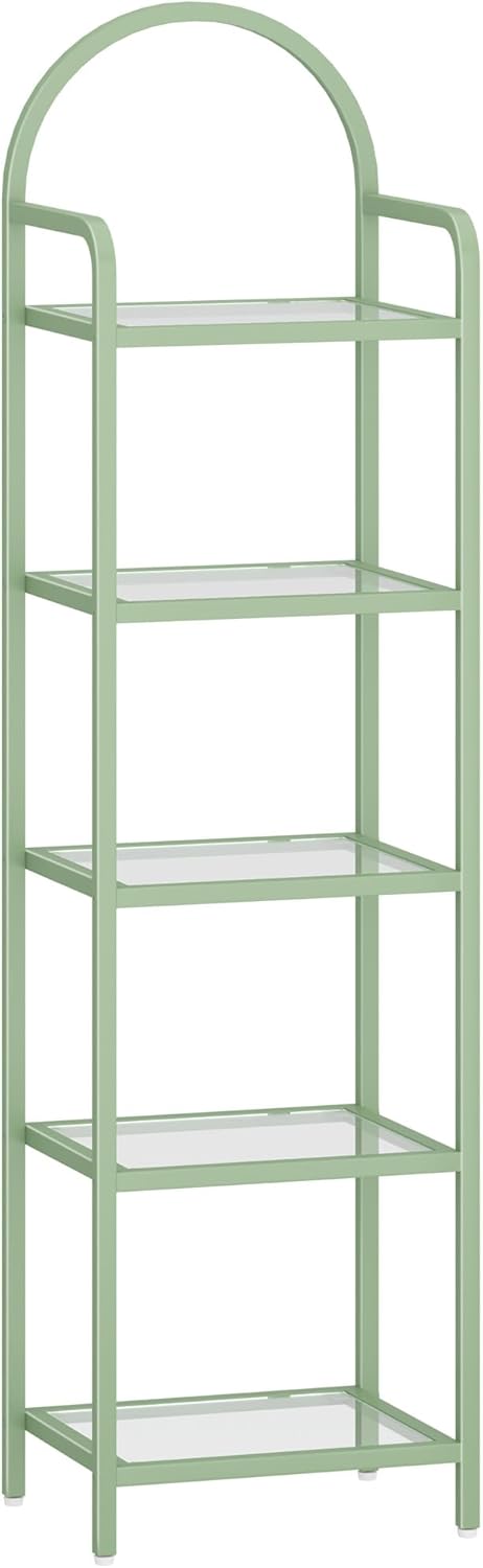 Bookcase Bookshelf, Tempered Glass Bookshelves, Slim Shelving Unit for Bedroom, Bathroom, Home Office, Steel Frame, 5 Tier Green BC05099C