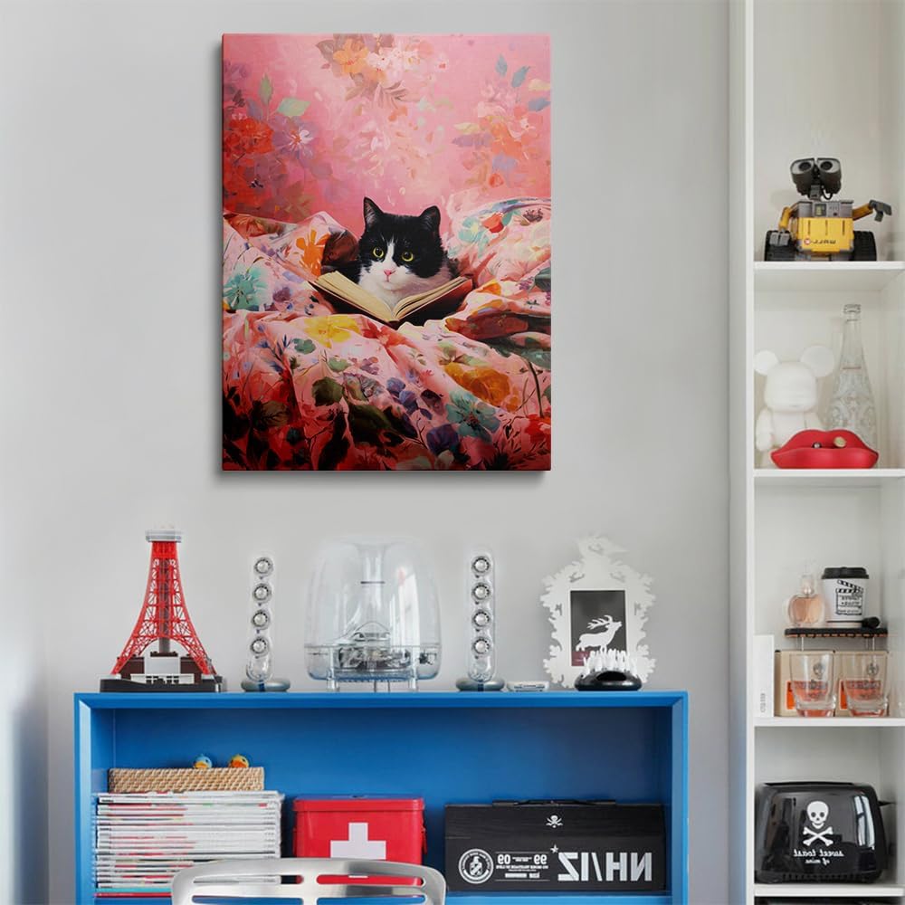 Funny Cat Reading Book with Green Eyes Canvas Wall Art Framed Whimsical Animal Painting Prints Posters Artwork for Girls Room Wall Decor Pink Aesthetic Cute Cat Lover Gift 12x16 Inches