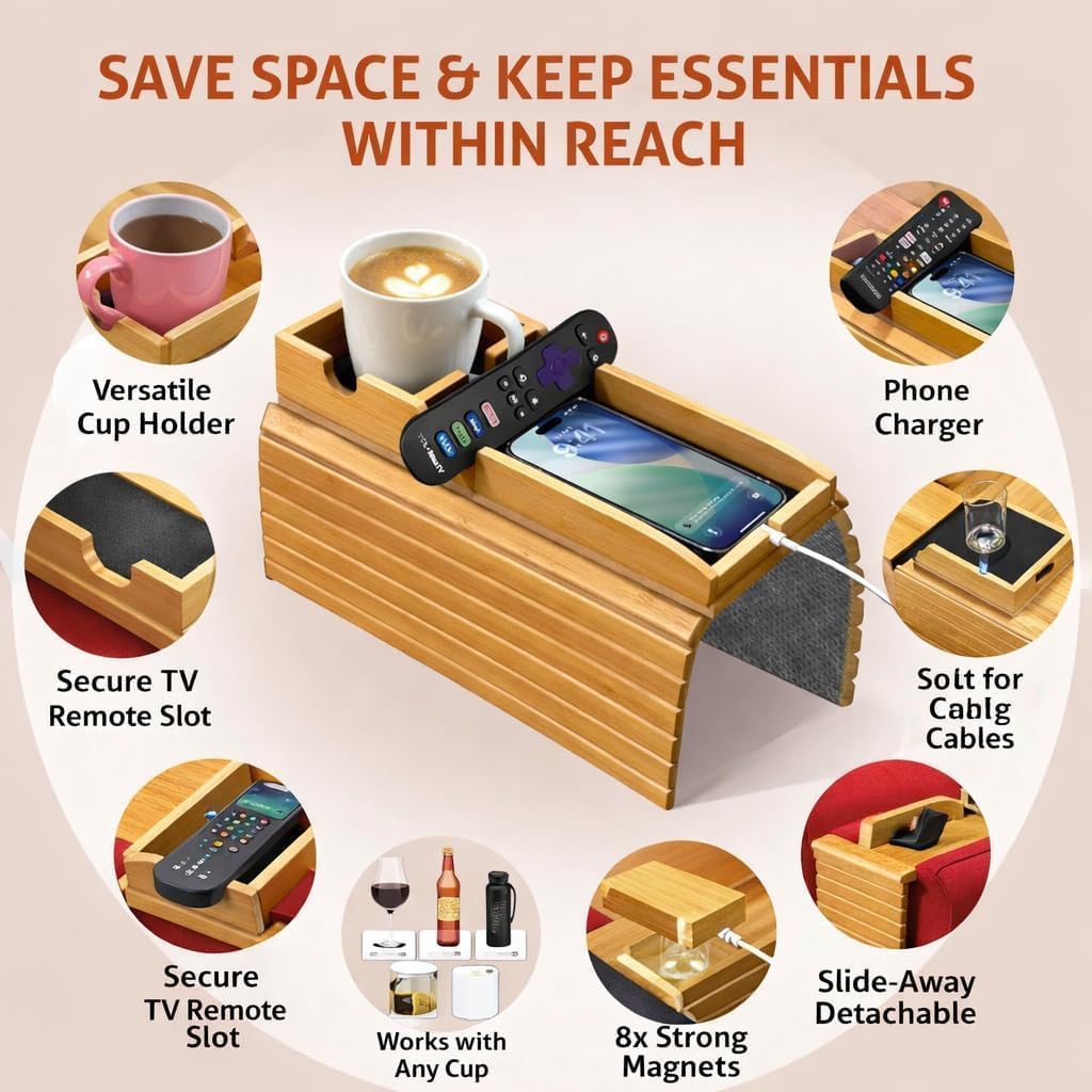 Bamboo Sofa Armrest Tray -with Detachable Cup Holder, Fits Arms up to 6 Inches Wide - Foldable Non-Slip Bamboo Sofa Arm Tray Table for Remote, Cell-Phone & Drinks, Snacks – Space-Saving, 17.7"x12.8"