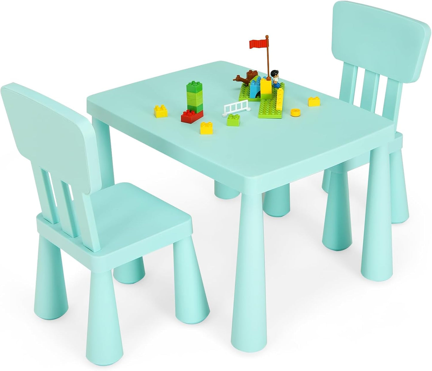 Toddler Table and Chair Set, Plastic Kid Activity Table & 2 Chairs, 3-Piece Children Playroom Furniture Set for Reading, Writing & Painting, Kids Table and Chair Set for Age 3-7 (Green)