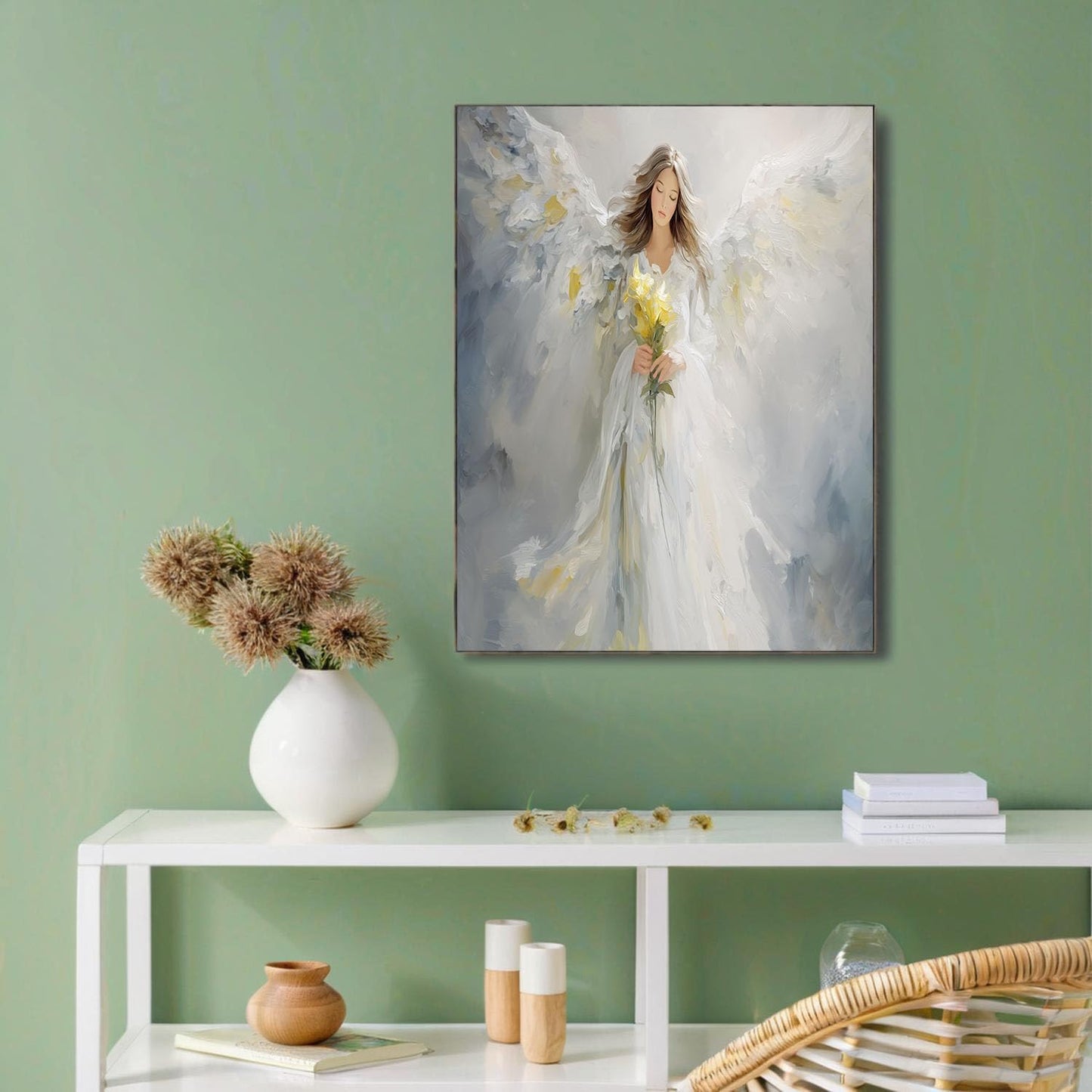 GDJSMIN Dreamy Style Wall Art, White Angel Yellow Flowers Poster for Reading Room Living Room Decor 16x 24 inch Unframed