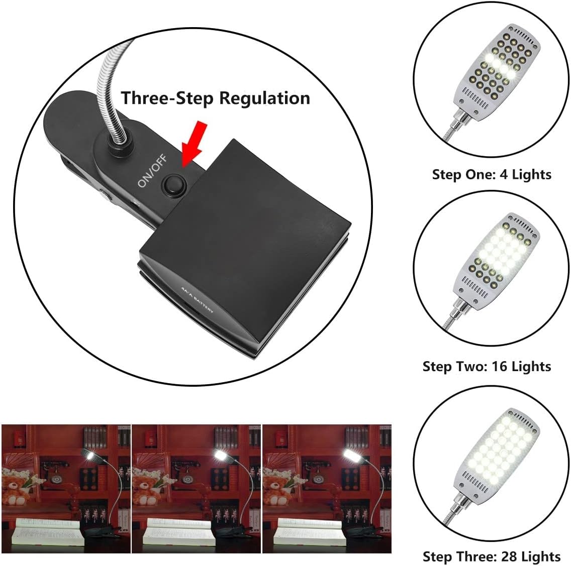 RicoRich Book Light for Reading in Bed,Clip on LED Book Lights, USB/DC and AA Battery Operated Portable Desk Lamp,3 Brightness Levels for Bookworms,Kids,Piano Player,Camping,Travel (Black)