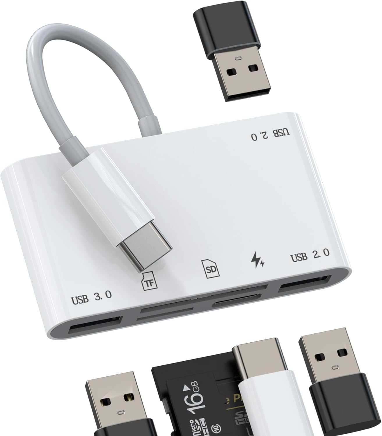 USB C Hub USB 3.0 TF SD Card Reader Charging Docking Station (6in1) Type C Multiport Adapter Thunderbolt Charger Cable Micro SD Memory Dongle for Apple iPhone15 MacBook for iPad compatible for Samsung