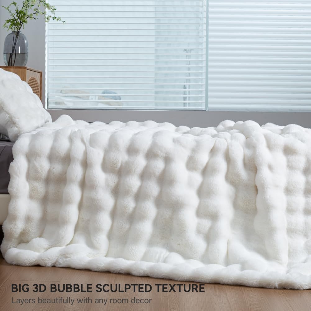 Soft Faux Rabbit Fur Throw Blanket Luxury Super Comfy Double Sided Ultra Cozy Thick Warm Fluffy Blanket for Couch Chair Sofa Bed Living Room Camping, Plush Fuzzy Bubble Blanket, 970 GSM, 50''x60''