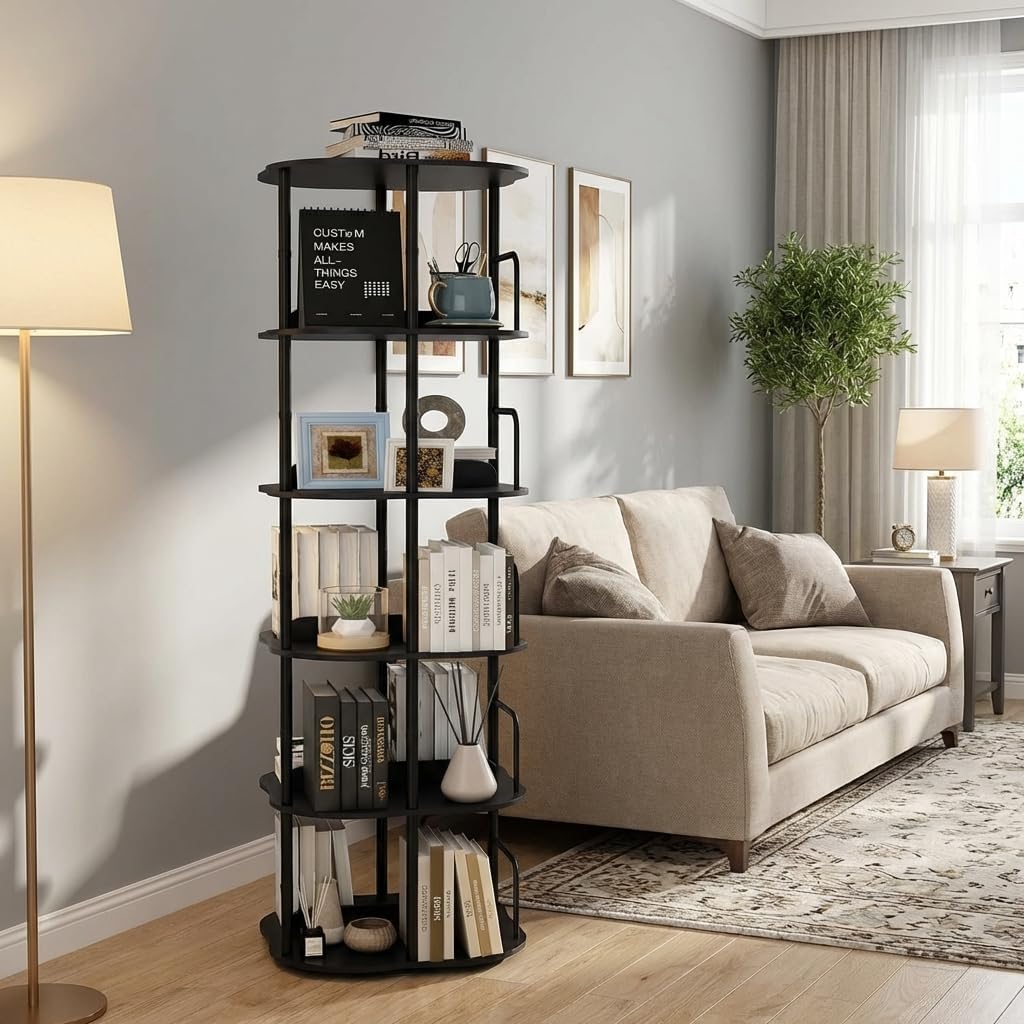 5 Tier Rotating Bookshelf, 360° Spinning Bookcase with Metal Frame & Wood Shelves for Corner - Industrial Freestanding Storage Rack for Living Room, Bedroom, Office&Small Room