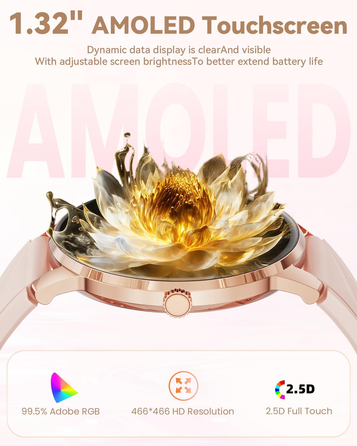 Smart Watch for Women Android/iPhone, 1.32" AMOLED Screen Smartwatch with Answer/Make Call/Fitness Tracker/Heart Rate/SpO2/Sleep Monitor/110+ Sport Modes, 2 Bands
