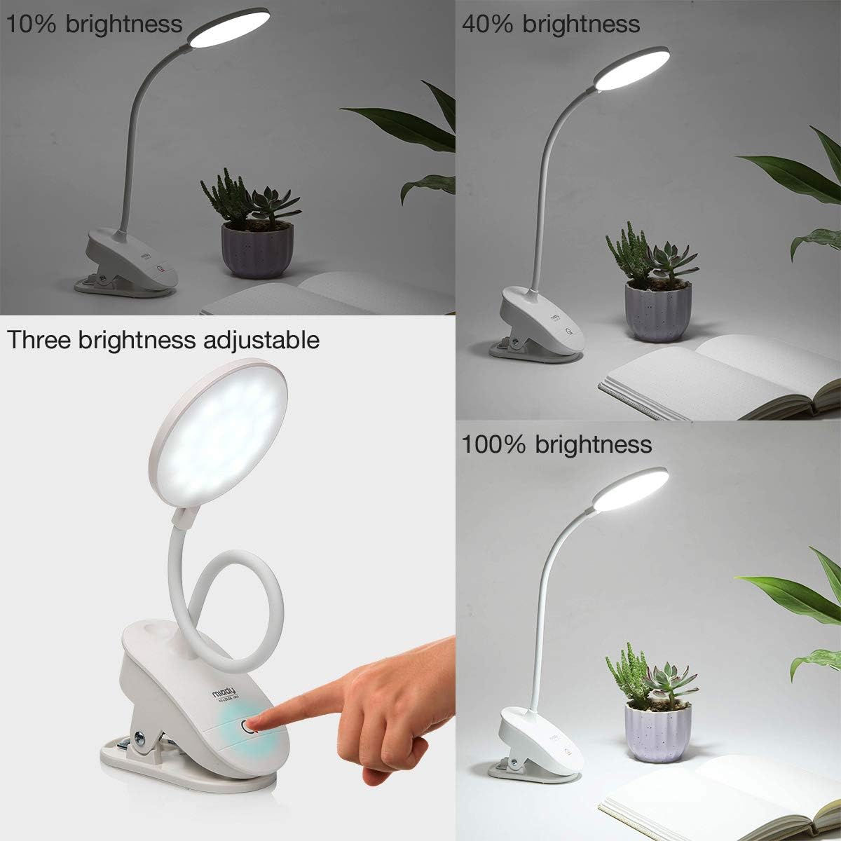 Miady 2 Pack Clip on Lamp,Battery Powered Reading Light,Clamp for Bed with 3 Brightness Level,USB Rechargeable