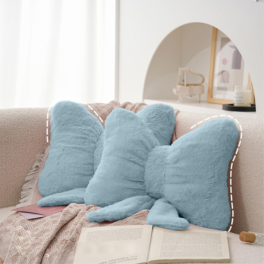 2Pack Soft Furry Bow Throw Pillows Cute Bowknot Plush Pillow Home Decor Stuffed Bow Lumbar Pillow for Bed Couch Living Room Decor (Blue)