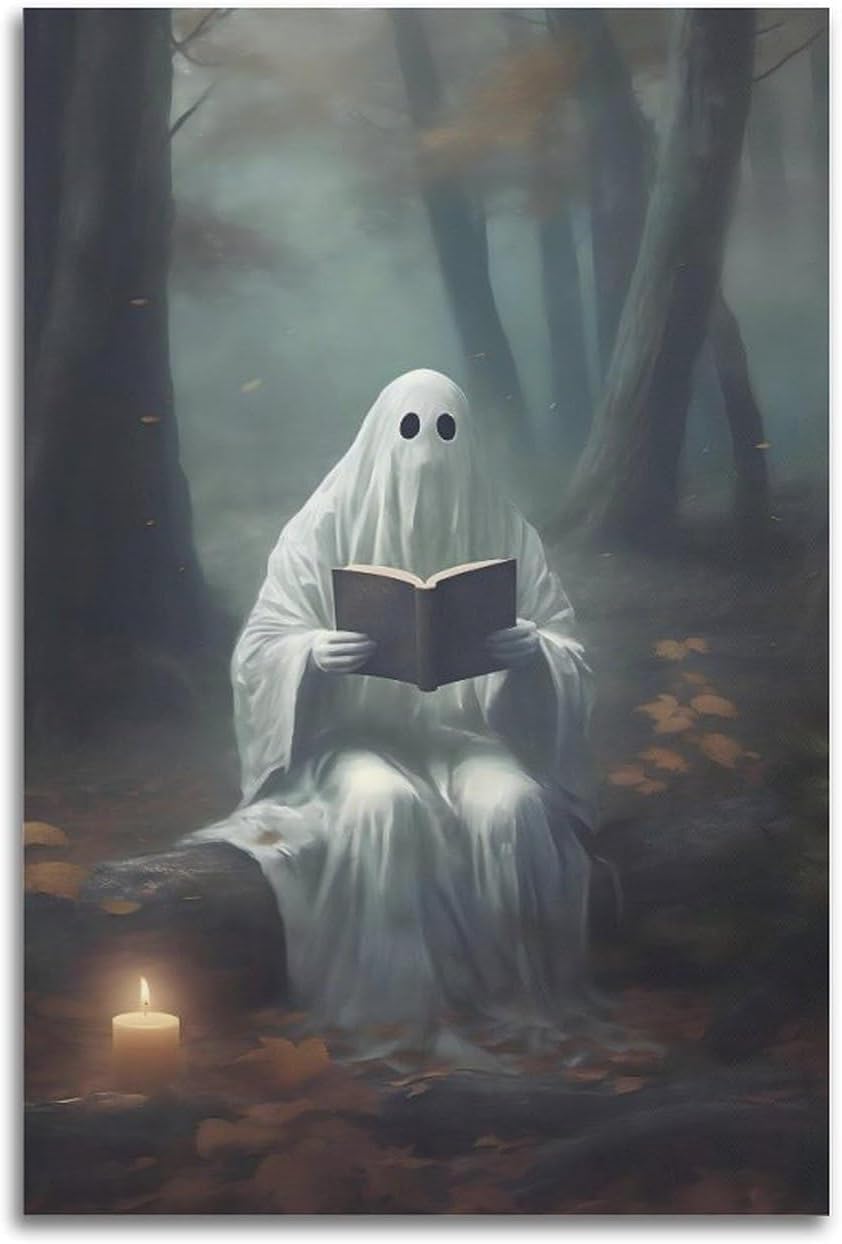 Halloween Ghost Reading Book Prints Gothic Dark Canvas Art Posters for Room Aesthetic And Wall Art Living Room Decor Poster 12x18inch(30x45cm) Unframe-style