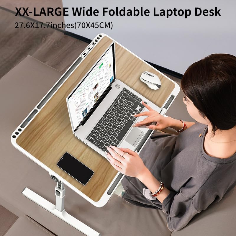 Woodgrain Foldable Laptop Desk Wide Area XX-Large 27.6X17.7In, 8 Heights& Angles Adjustable Bed Table, Study Tray Laptop Stand for Bed, Couch Sofa with 2 Stoppers