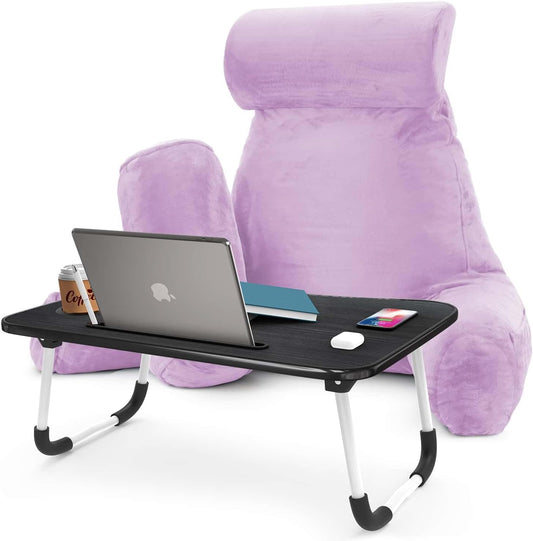 Nestl Reading Pillow with Portable Laptop Lap Desk - Shredded Memory Foam Back Support Pillow for Sitting Up in Bed and Couch Rest Pillows with Arms, Bed Tray Table with Foldable Legs, Lavender