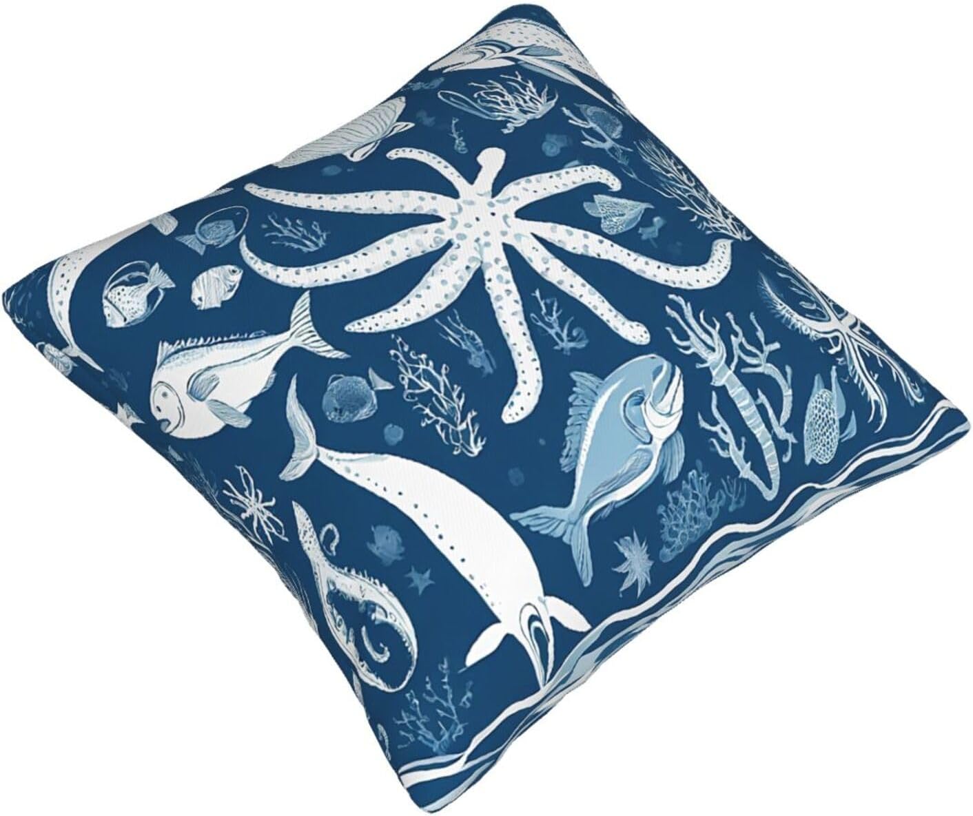 All-Season Square Pillow Covers 18"X18", Sea Animals, Decorative Throw Pillow Covers for Sofa Bed Couch, Hidden Zipper Cushion Cover, Square Lumbar & Accent Pillowcases for Home Decor