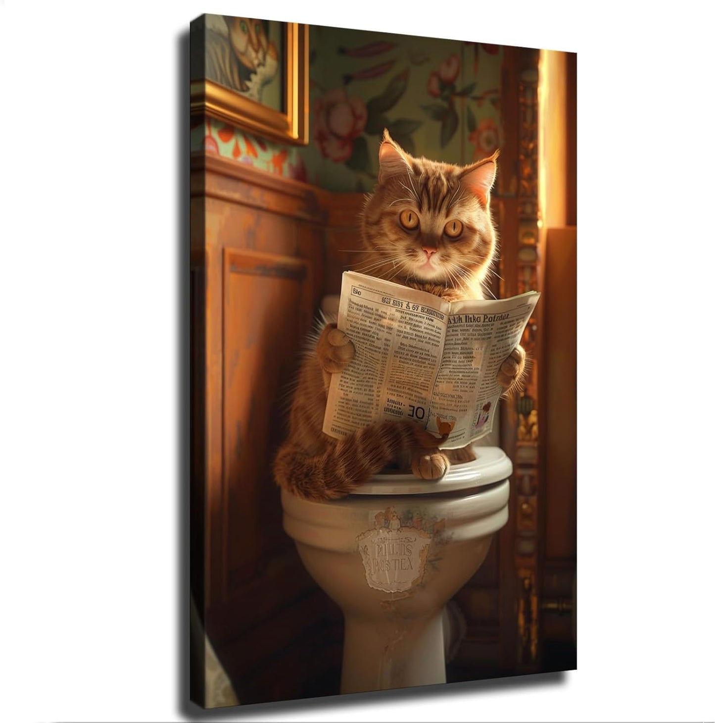 chenmjj Cat Sitting on Luxury Toilet and Reading Newspaper Print Poster Picture HD Print Poster Retro Painted Modern Home Bedroom Room Aesthetic Decoration Canvas Art (16x24inch Unframed)