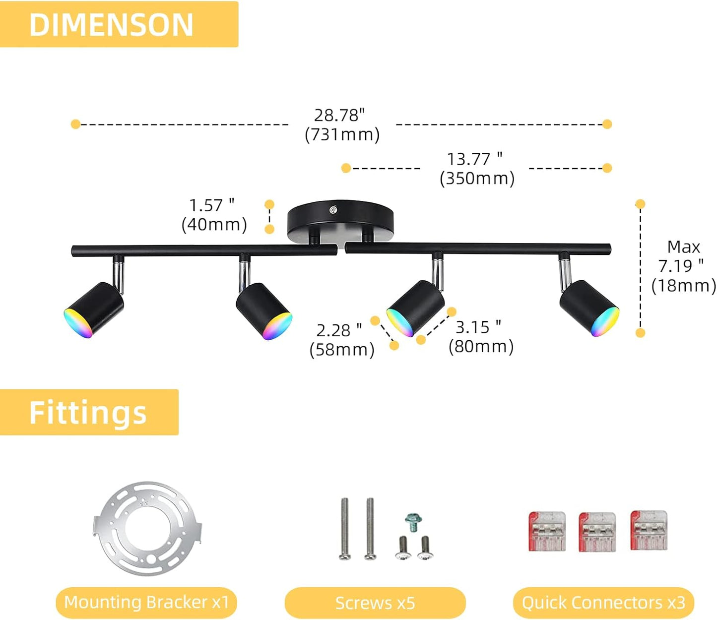 CANEOE Smart 4-Light Black Led Track Lighting Fixtures,16-Colors RGB Track Lighting Kit,Dimmable Track Light Work with Alexa/Google Home/App,Ceiling Spotlight for Kitchen, Living Room, Bedroom, Bar