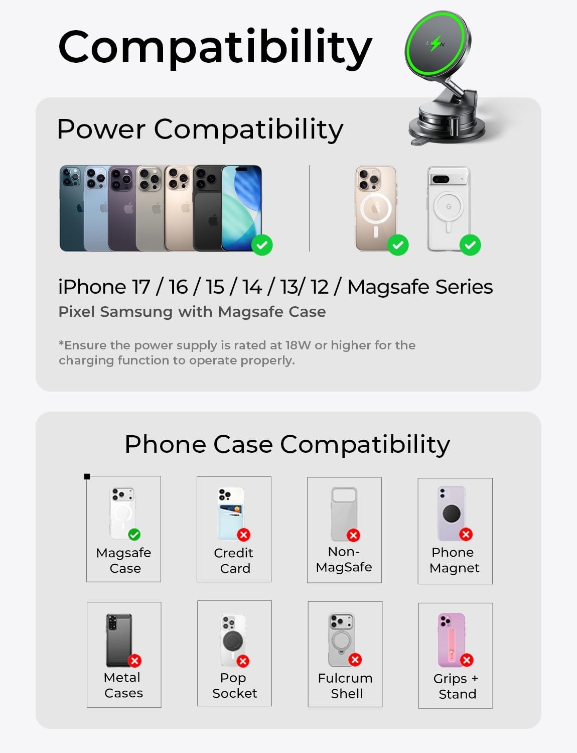 LISEN 15W Magsafe Car Mount Charger, Suction Cup Phone Mount, Magnetic Wireless Car Charger, Vacuum Magnetic Phone Holder Car Mount for iPhone 17 Pro Max 16 15 14 13 12, Samsung S26/S25, Pixel 10 Pro