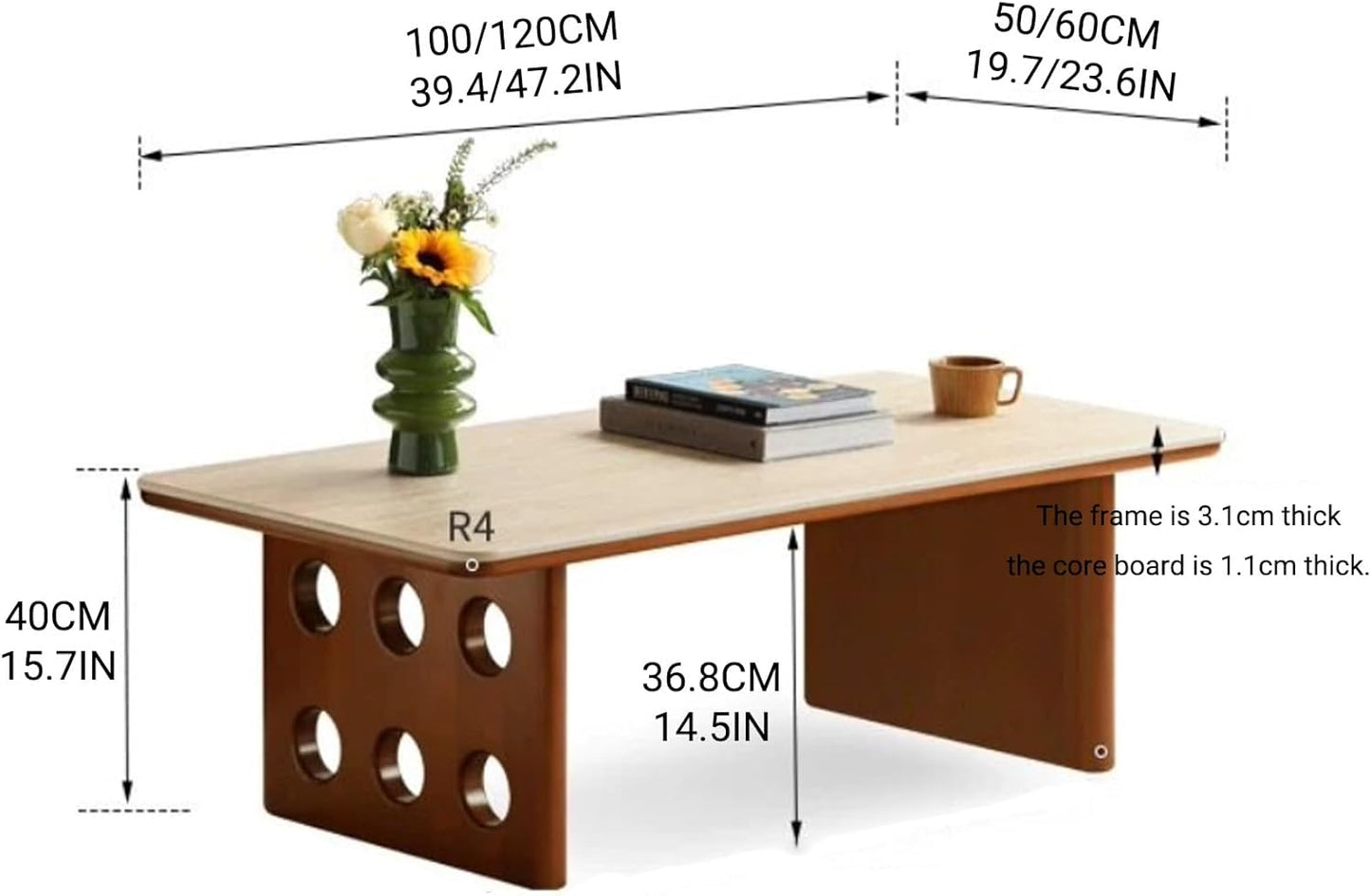 Modern rectangular Abstract Coffee Table Vintage-style solid wood Accent Low table with Slate tabletop Center Marble Living Room Table legs with creative round holes(100*50*40cm/39.4*19.7*15.7in)