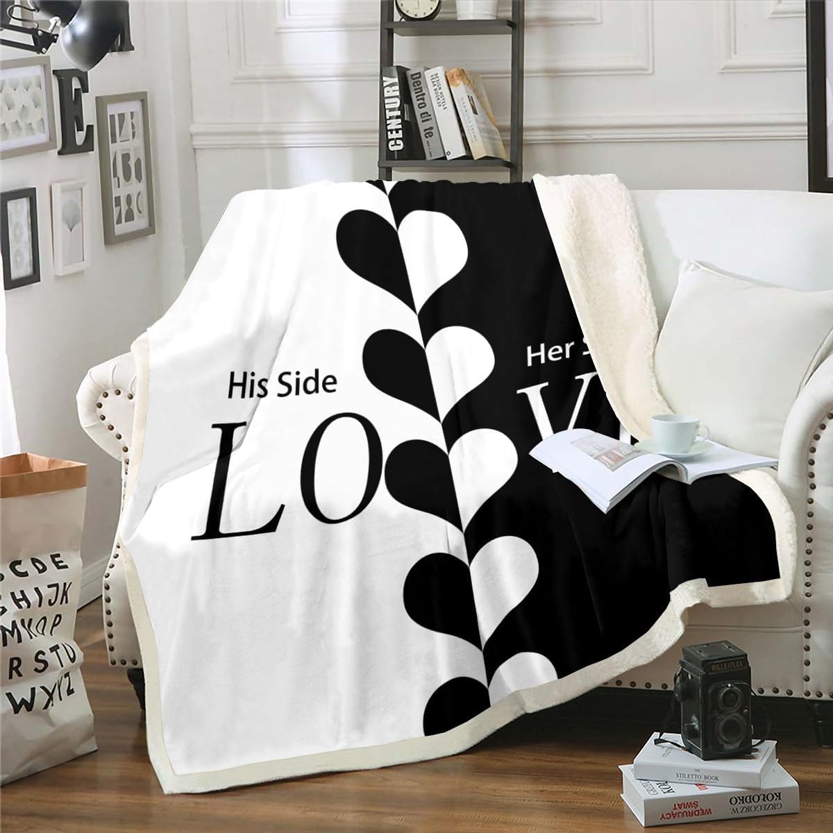 Couple Fleece Blanket, His Side Her Side Throw Blanket Love Romantic Plush Bed Blanket For Teens Adult Women Youth, Black White All Season Flannel Fuzzy Blanket Decorative Sofa Couch, Throw Size