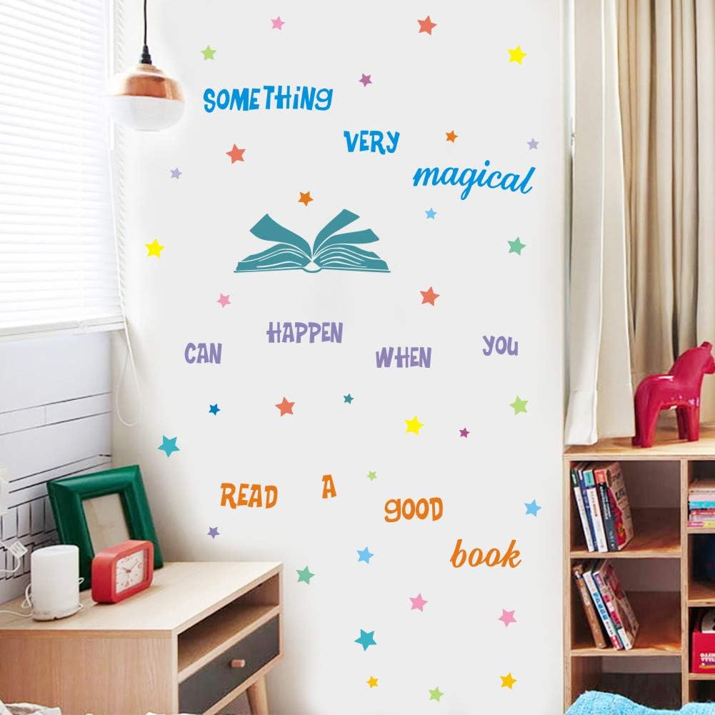 IARTTOP Something Very Magical Can Happen When You Read A Book Wall Decal, Colorful Stars Inspirational Quote Sticker for Classroom Kids Room Library Decor