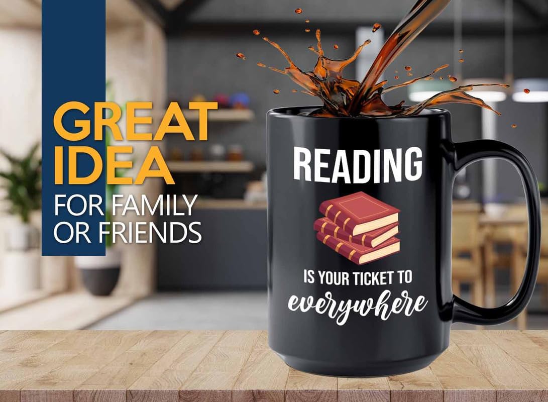 Bookish Coffee Mug 15oz Black -Reading ticket to everywhere - Novel enthusiast Book Club Librarian Book Lover Writer Reader Bibliophile