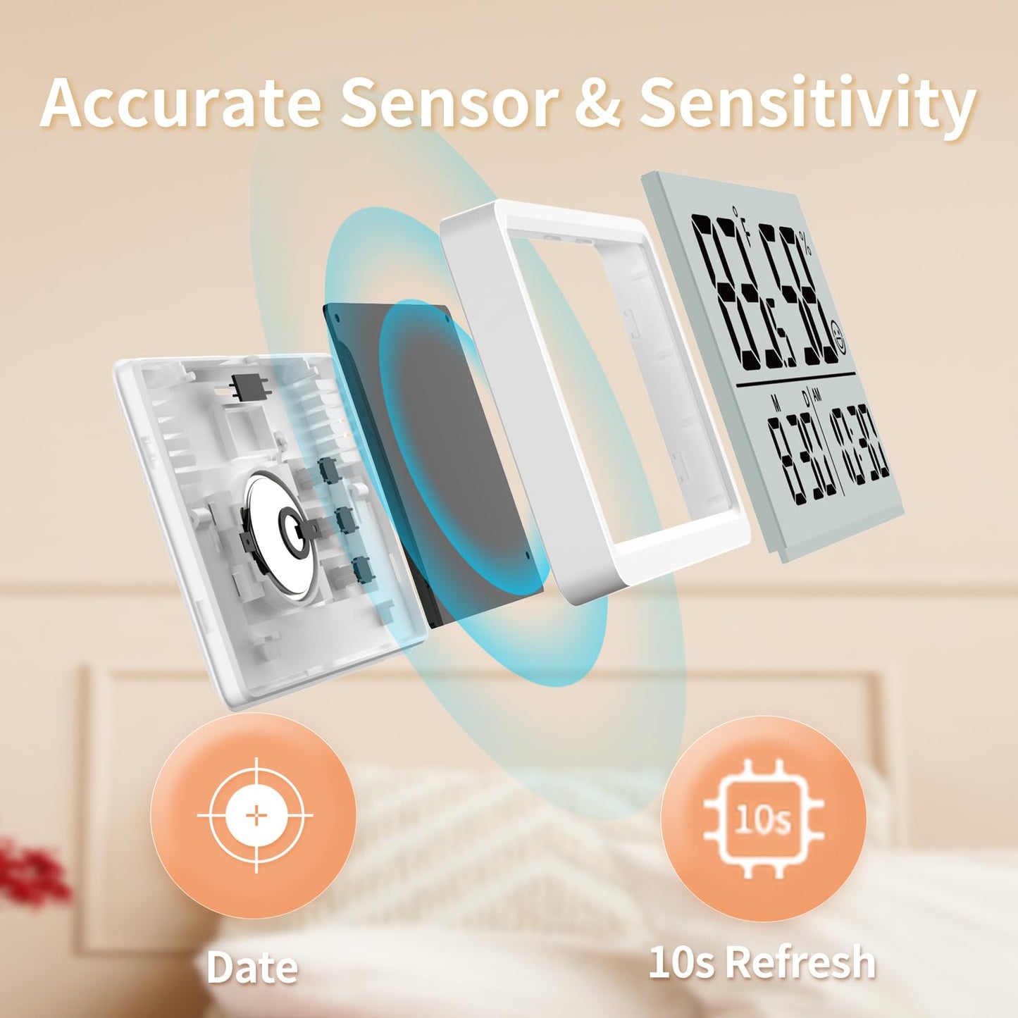 DOOMAY Room Thermometer Indoor - Hygrometer Temperature and Humidity Monitor with High Accuracy Sensor LCD Display Large Display Date Clock for Kitchen Baby Room Office (White)