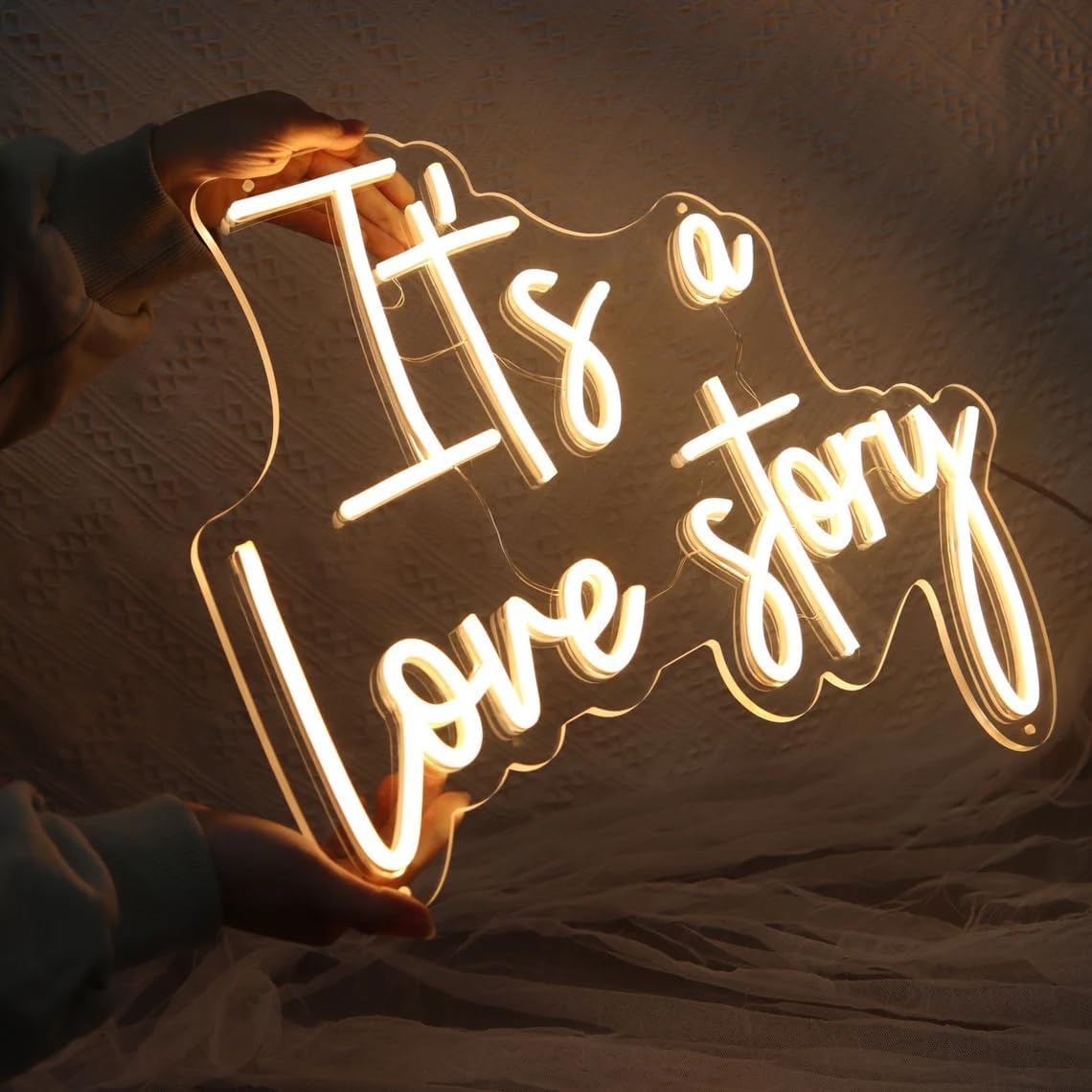 It's a Love Story Neon Signs for Wall Decor, 14.2 * 11 Inches Light Up Sign for Wedding, Engagement Decor,Dimmable Aesthetic Party Birthday Bedroom Bar Pub Club Wall Decor Decorations, INSNEnN