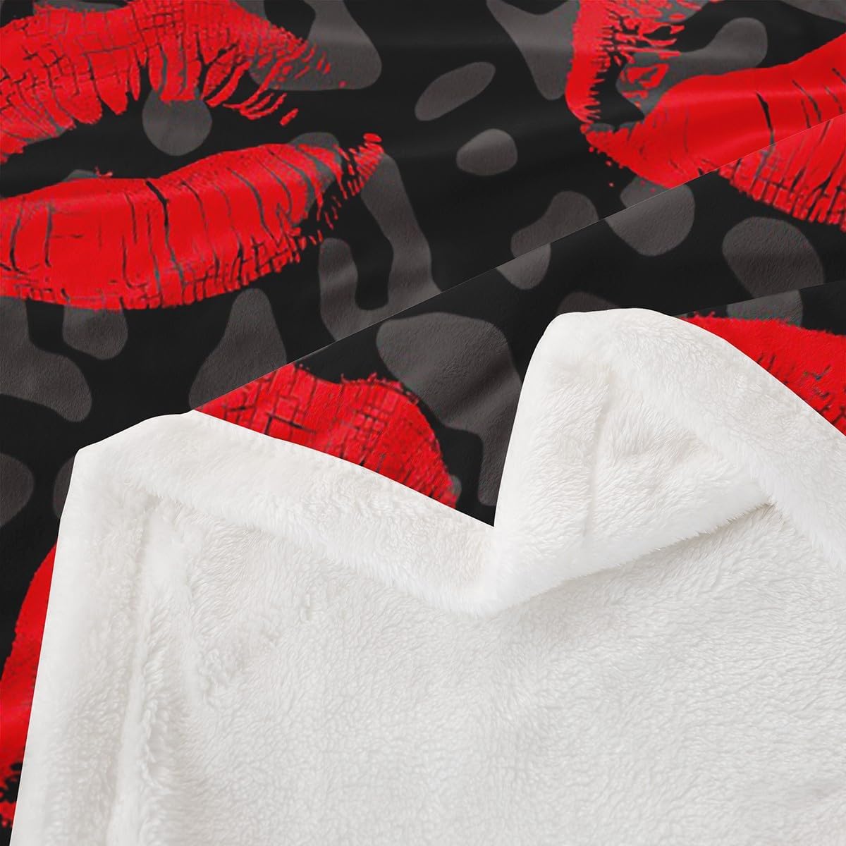 Castle Fairy Red Lips Print Fleece Throw Blanket, 50x60 Inch, Kiss Marks Pattern on Dark Black Leopard Background, Fuzzy for Sofa Couch, Romantic Style Polyester Flannel
