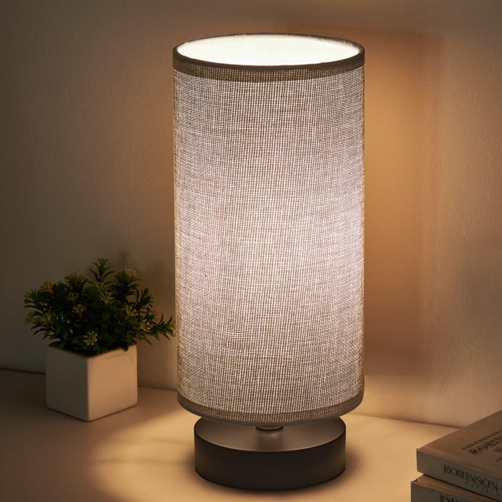 Table Lamp, Bedside Nightstand Lamp, Simple Desk Lamp, Cylinder Table Lamp for Bedroom Living Room Office Study, Grey Shade and Silver Base (Grey)
