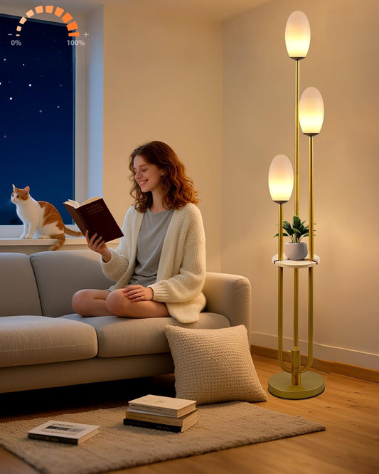 Gold Dimmable Floor Lamp with Table, Unique Candle Holder Style Tall Standing Lamps with 3000K G9 Bulbs for Reading, Mid Century Modern Floor Lamp for Living Room Bedroom Office