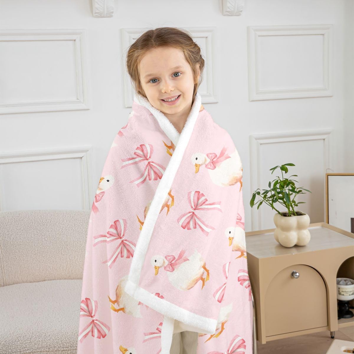 Feelyou Cute Goose Sherpa Throw Blanket for Couch Pink Bow Super Soft Cozy Fleece Geese Animal Pet Blanket for Winter, Plush Throw Bowknot Bow Tie 40"x50" All Season