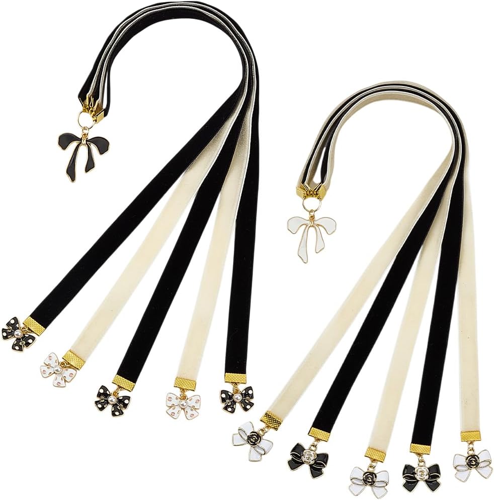2Pcs Ribbon Bookmark Velvet Ribbons Bible Bookmarks Black White Velvet Ribbons Book Marks with Alloy Bowknot Pendant Multi-Strand Bible Book Marks for Women Men Book Lovers