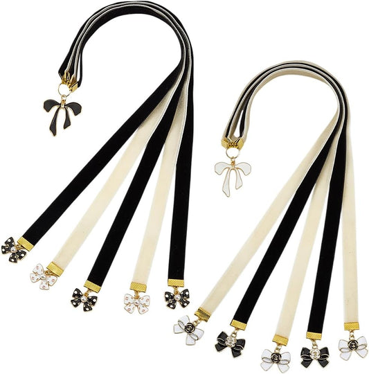 2Pcs Ribbon Bookmark Velvet Ribbons Bible Bookmarks Black White Velvet Ribbons Book Marks with Alloy Bowknot Pendant Multi-Strand Bible Book Marks for Women Men Book Lovers