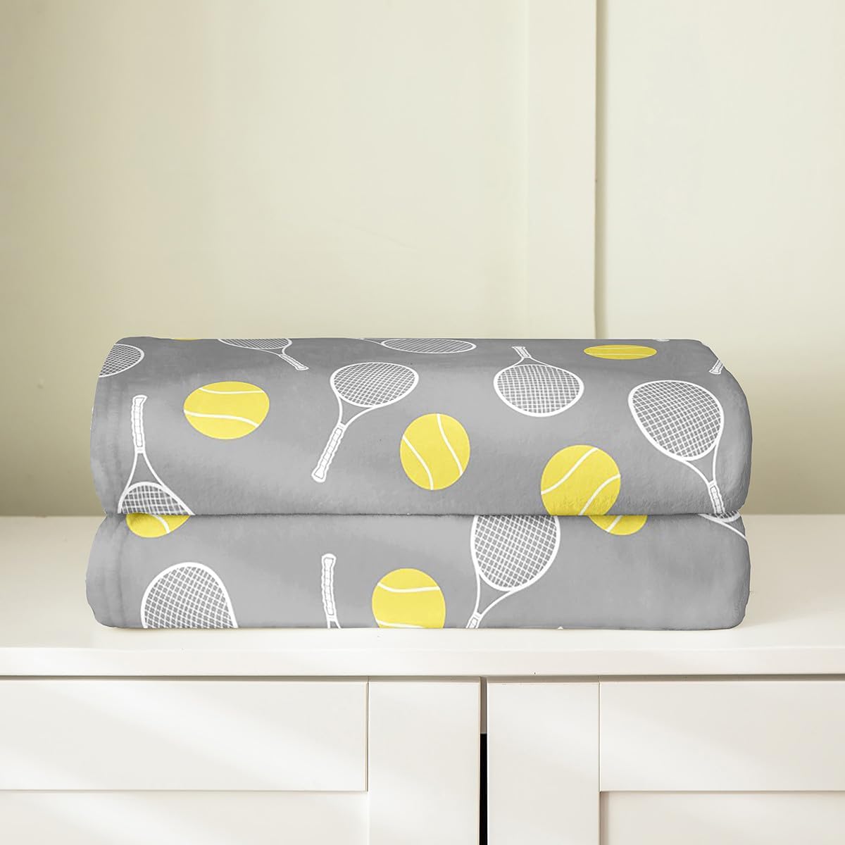 Erosebridal Tennis Sports Gray Ball Games Soft Fleece Throw Blanket 40x50 for Boys Girls Tennis Lover, Kids Racket Flannel Blanket for Sofa Bed Chairs, Cartoon Activity All Seasons Room Decor