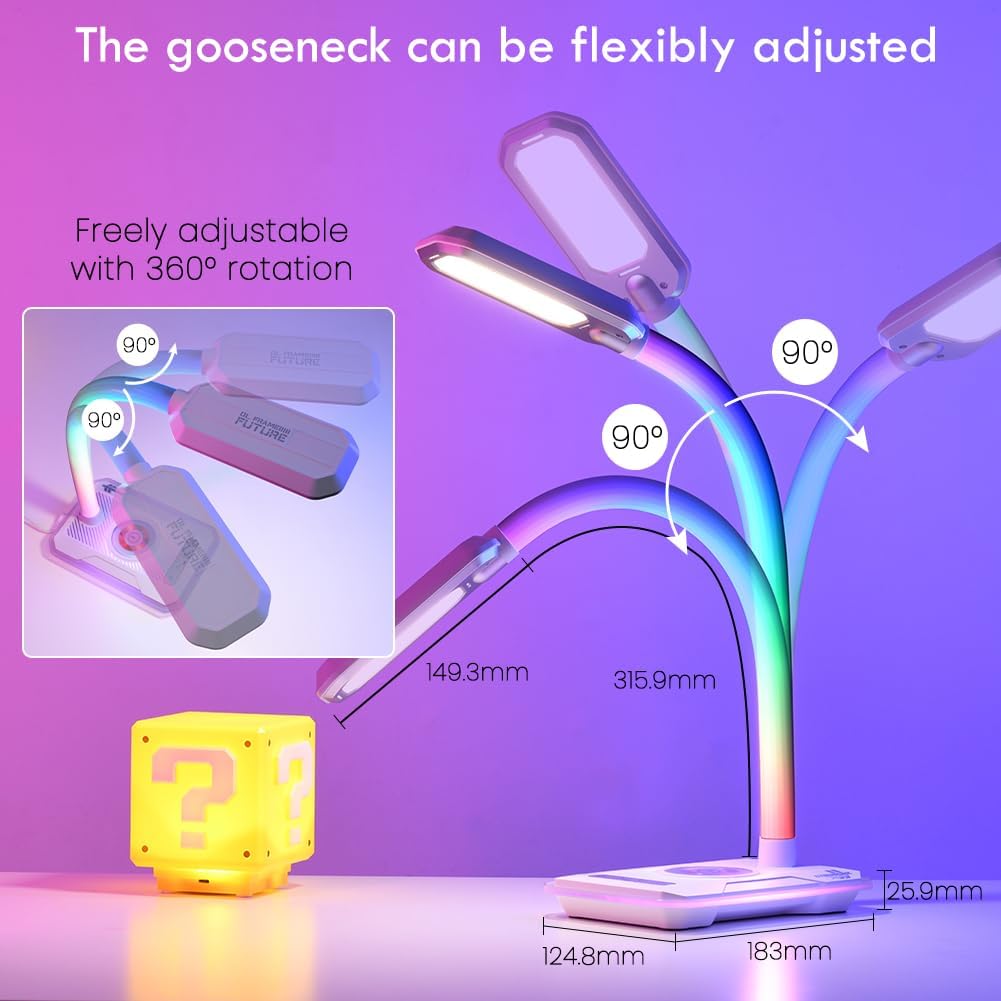 RGB Gaming Desk Lamp with Music Sync,Dimmable LED Lamp with Wireless Charging Station,USB Charging Port,Color Changing Touch Control Light for Gamer Room Decor,Reading,Office,Gift Ideas