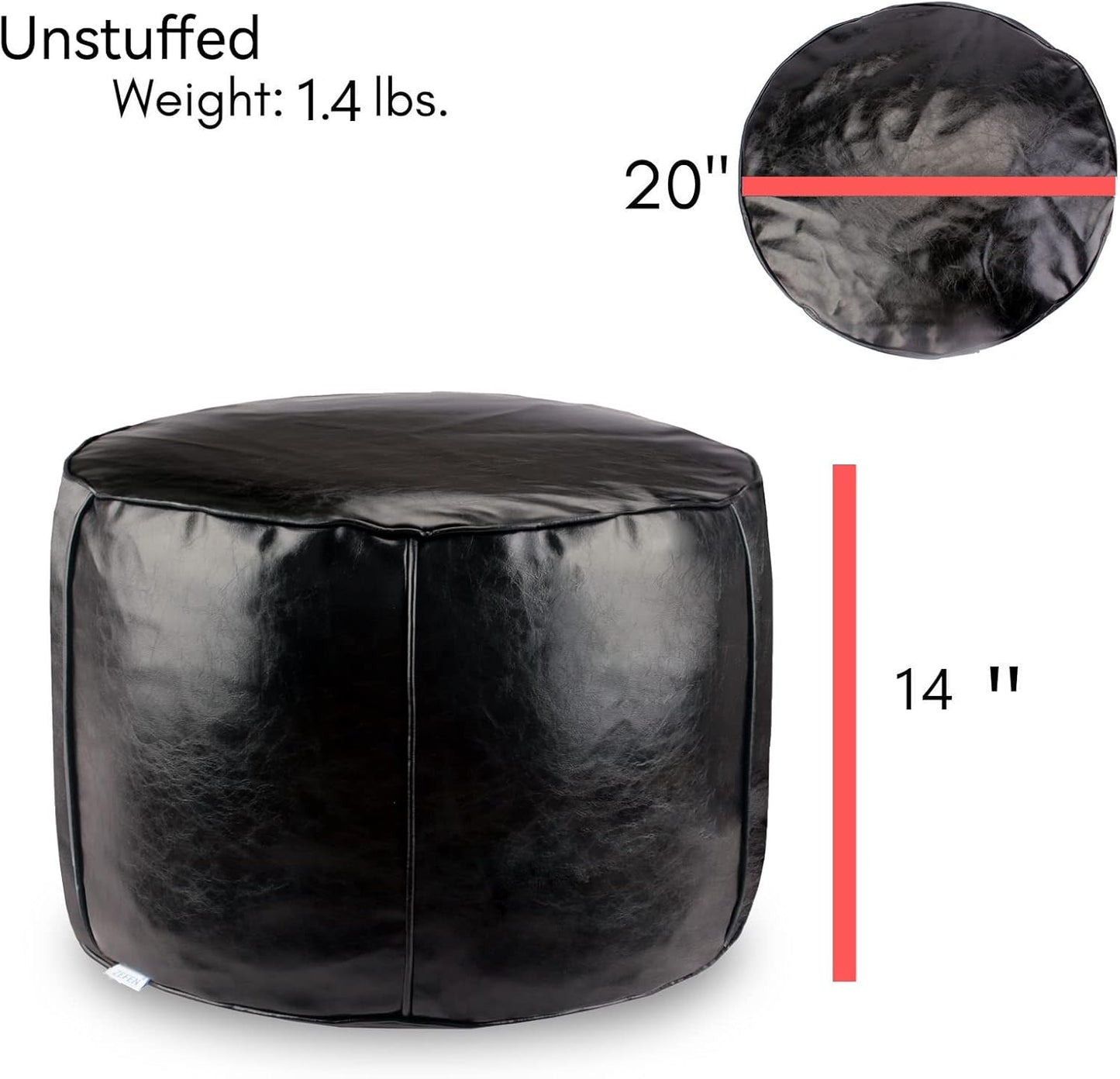 Handmade Unstuffed Faux Leather Pouf Ottoman - Storage Solution and Floor Seat - 14"x20" Round Stool - Perfect as a Futon Chair, footrest Ottoman, cushionl Ottoman, or Leather Foot Stool(Black)