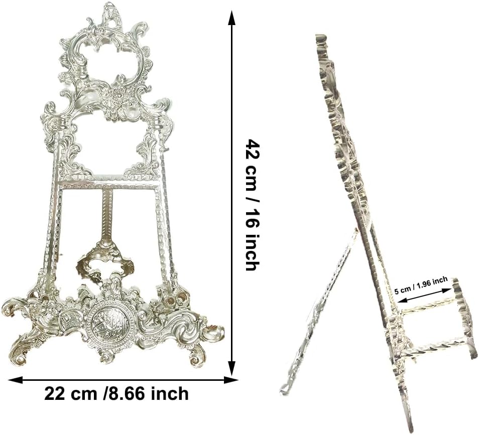 Metal Display Stand Holder for Cookbooks, Plates, Picture Frames, Vintage Ornamental Recipe Easel, Tabletop Decor for Kitchen, Bible, Books, Platters, Silver