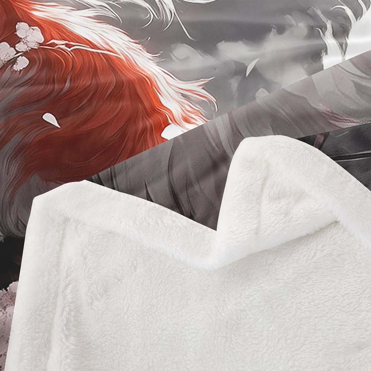 Manfei Japanese Fox Kids Throw Blanket,Japan Ukiyoe Cherry Blossom Moonnight Bed Blanket for Boys Girls,Wild Animal Retro Fleece Blanket,Grey White Fuzzy Blanket,Queen Size (90 x 90 Inches)