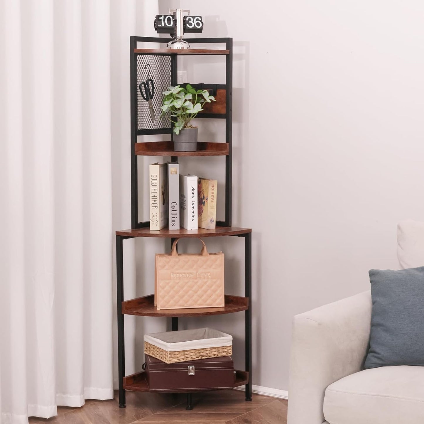 5-Tier Corner Shelf Stand – Multi-Functional Storage Unit with Metal Frame (Living Room/Home Office/Bedroom)