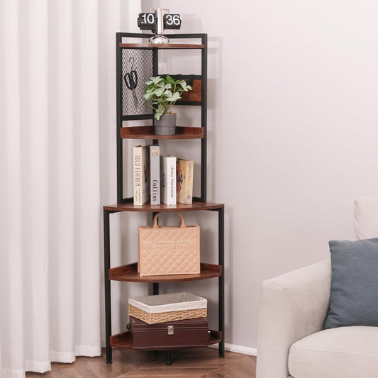 5-Tier Corner Shelf Stand – Multi-Functional Storage Unit with Metal Frame (Living Room/Home Office/Bedroom)