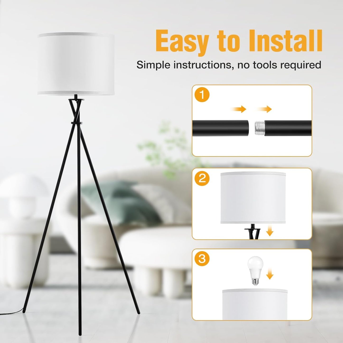 Floor Lamp for Living Room, 61'' Modern Tripod Floor Lamps with White Shade & Rotary Switch, Black Floor lamp for Bedroom, Office, Simple Design Lamp